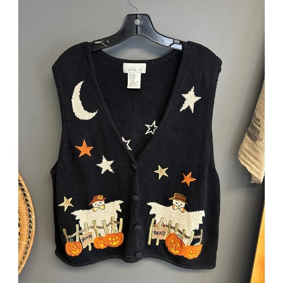 Mandal Bay Sweaters - VTG Mandal Bay Size XXL Halloween Black Sweater Vest Pumpkin Scarecrow Ghost